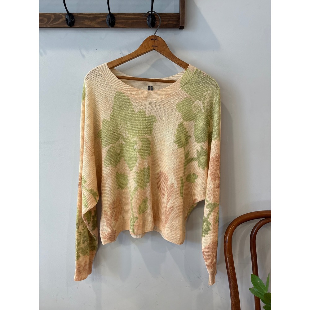 Anthropologie Floral Linen Blend Knit Sweater Cream Green Large Dolman Sleeve